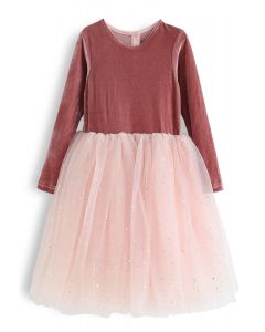 Velvet Sequined Double-Layered Mesh Dress For Kids in Peach