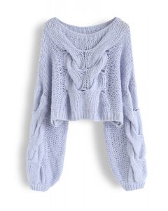 手編みパフスリーブセーター　ブルー